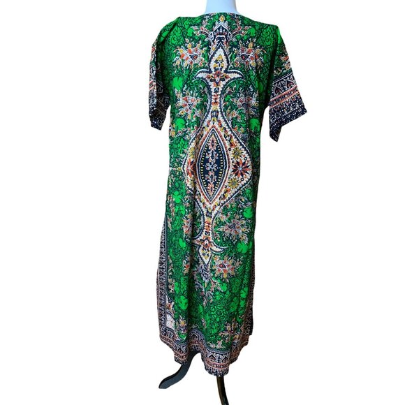 Sabysco Womens Large Bohemian Green & Black Kaftan Dress 100% Cotton Maxi vintag - Picture 7 of 10